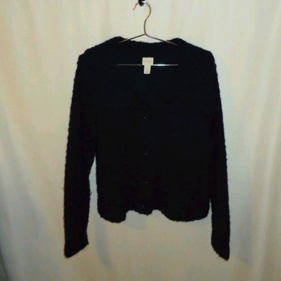 Chico's Wool Blend Navy Chunky Knit Sweater Big Button Up Jacket Size 2 (L) - Picture 5 of 6